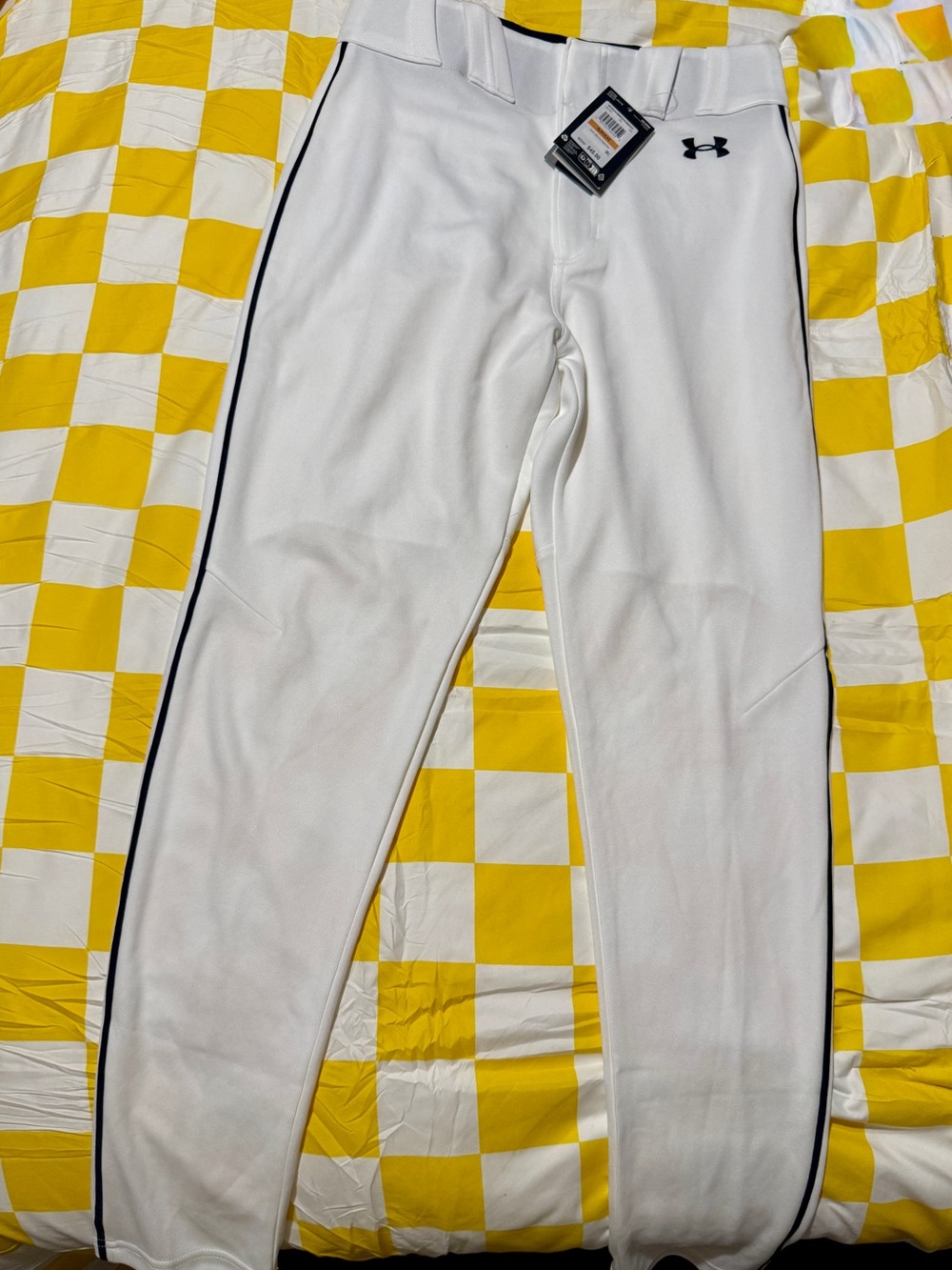 Under Armour White Baseball Pants Black Piping, open leg, loose/relaxed men’s SM